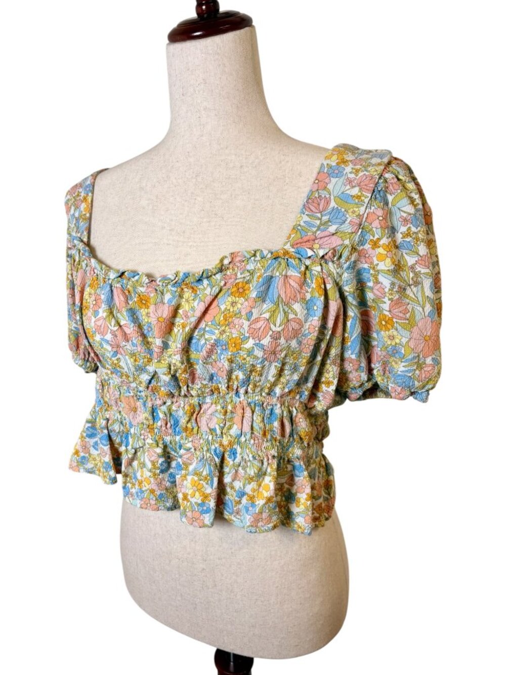 Cupcakes And Cashmere Pink Yellow Floral Smocked Puff Sleeve Top Large